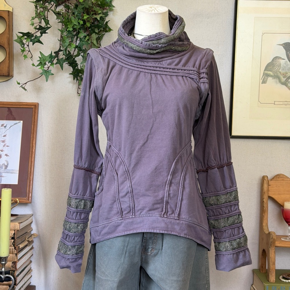Purple Ruched Lace Cowl Neck Top Fairycore Grunge Y2K Large Pullover Subversive